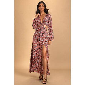 Lulus Bloom Ready Black Floral Print Cutout Long Sleeve Maxi Dress - Size XS